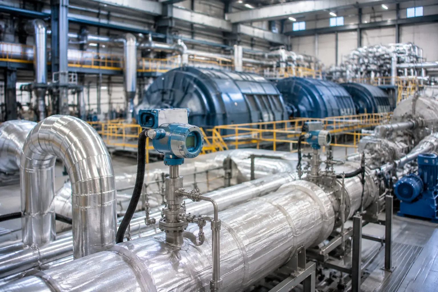 Pressure and temperature transmitters monitoring pipelines inside a power generation facility