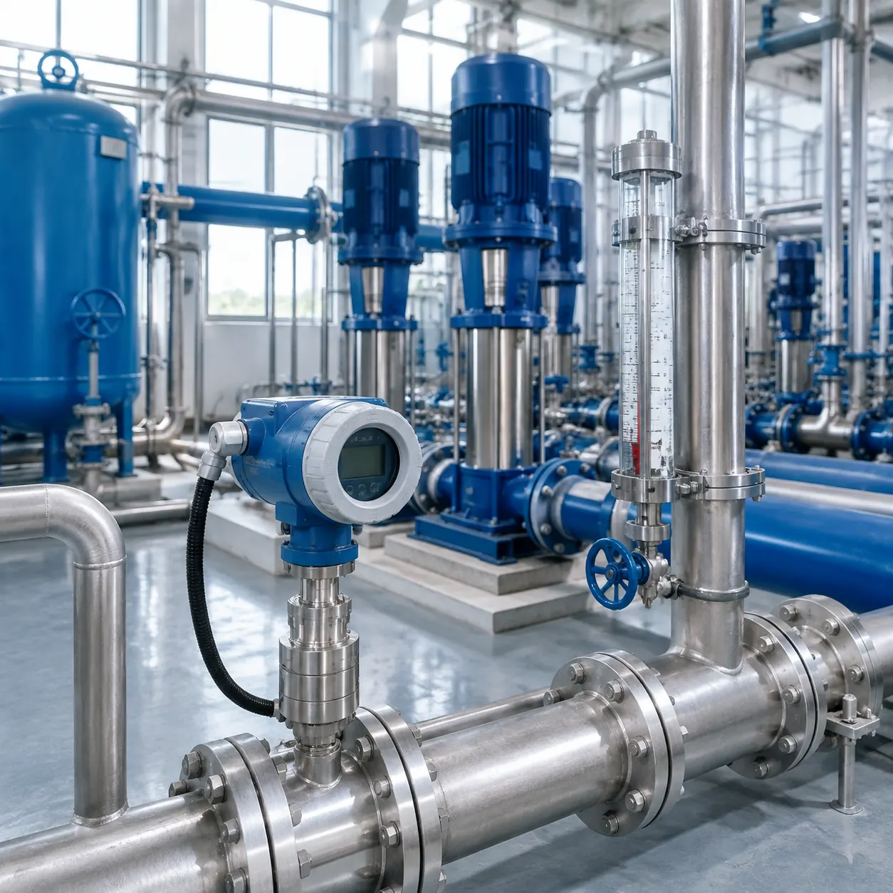 Pressure and level instrumentation installed in a modern water treatment pump station